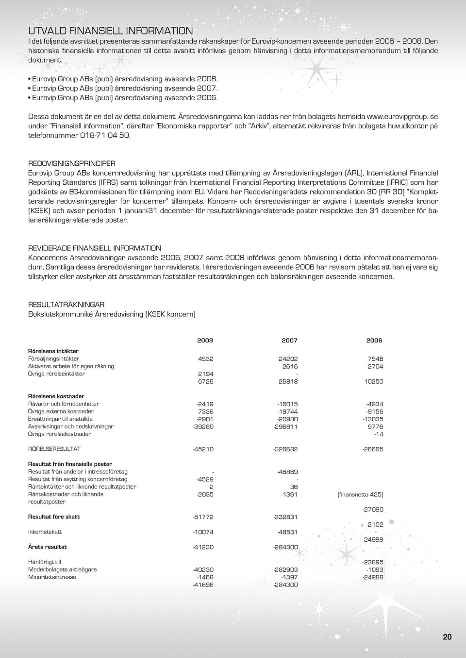 Eurovip Group ABs (publ) årsredovisning avseende 2007. Eurovip Group ABs (publ) årsredovisning avseende 2006. Dessa dokument är en del av detta dokument.