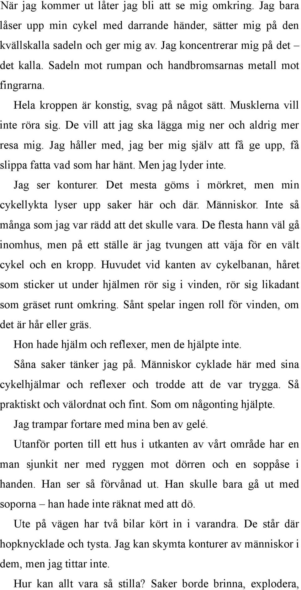 Jag håller med, jag ber mig själv att få ge upp, få slippa fatta vad som har hänt. Men jag lyder inte. Jag ser konturer. Det mesta göms i mörkret, men min cykellykta lyser upp saker här och där.