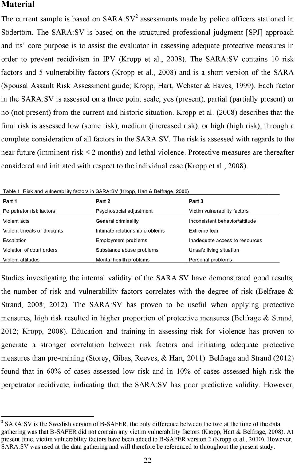 IPV (Kropp et al., 2008). The SARA:SV contains 10 risk factors and 5 vulnerability factors (Kropp et al.