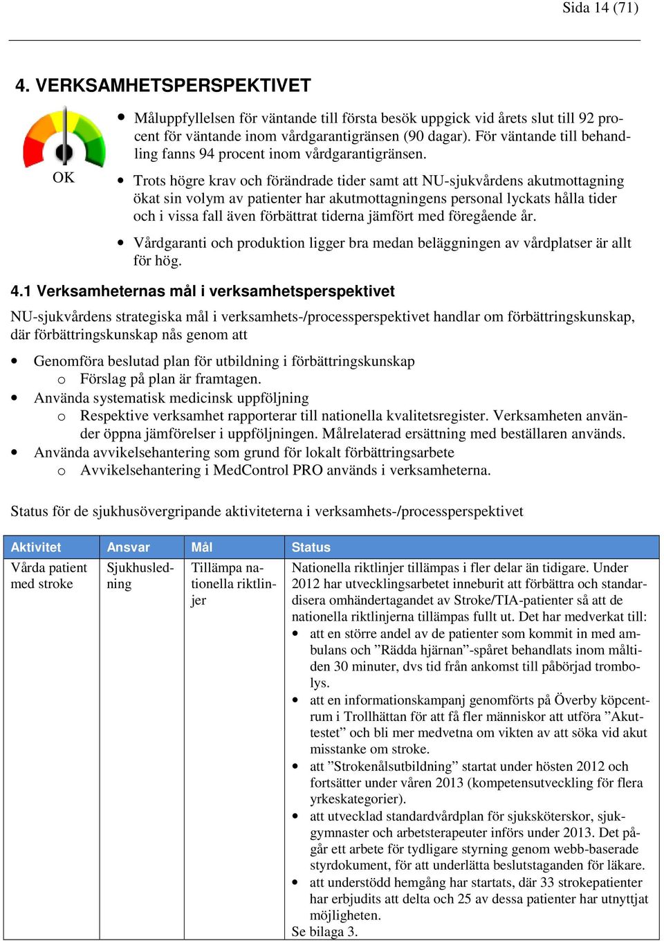 Trots högre krav och förändrade tider samt att NU-sjukvårdens akutmottagning ökat sin volym av patienter har akutmottagningens personal lyckats hålla tider och i vissa fall även förbättrat tiderna