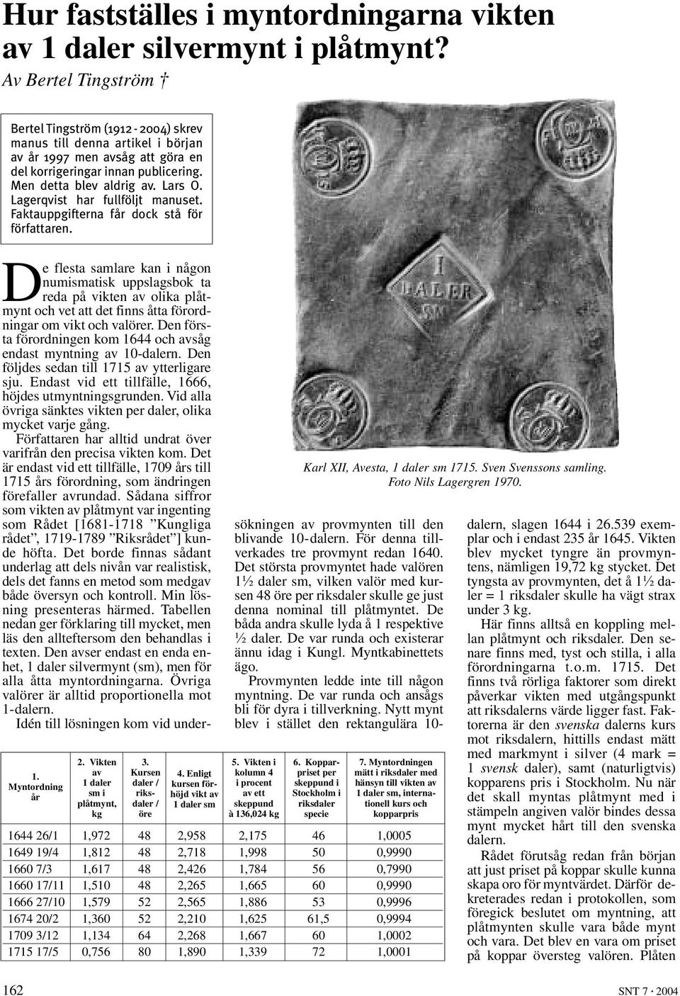 Lagerqvist har fullföljt manuset. Faktauppgifterna får dock stå för författaren. 1. Myntordning år 2. Vikten av 1 daler sm i plåtmynt, kg 3. Kursen daler / riksdaler / öre 4.