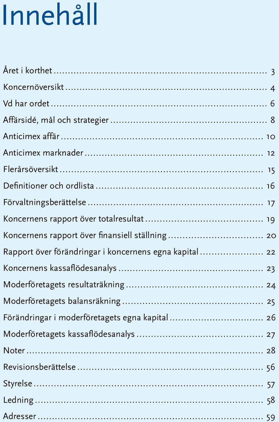 Rapport över förändringar i koncernens egna kapital 22 Koncernens kassaflödesanalys 23 Moderföretagets resultaträkning 24 Moderföretagets