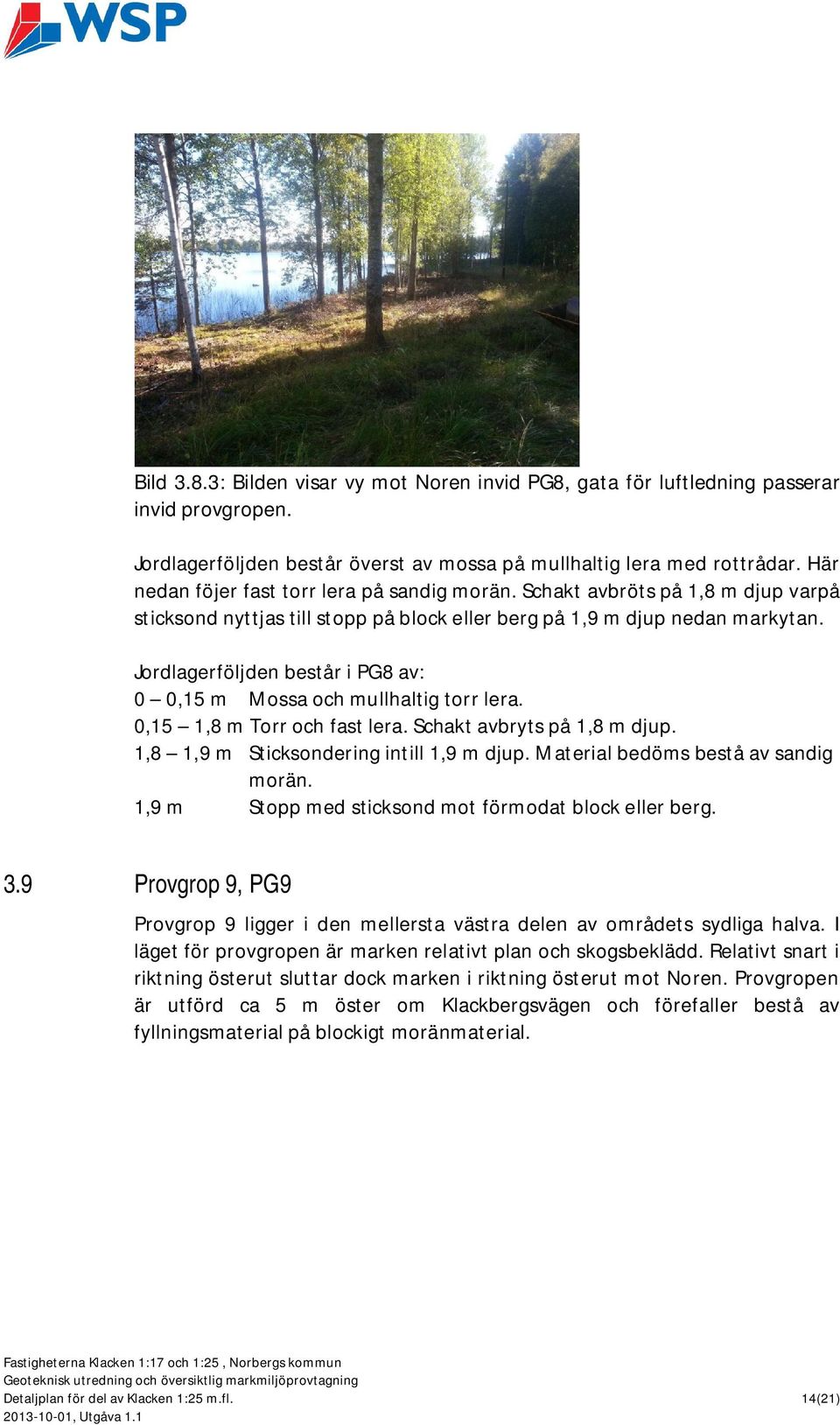 Jordlagerföljden består i PG8 av: 0 0,15 m Mossa och mullhaltig torr lera. 0,15 1,8 m Torr och fast lera. Schakt avbryts på 1,8 m djup. 1,8 1,9 m Sticksondering intill 1,9 m djup.