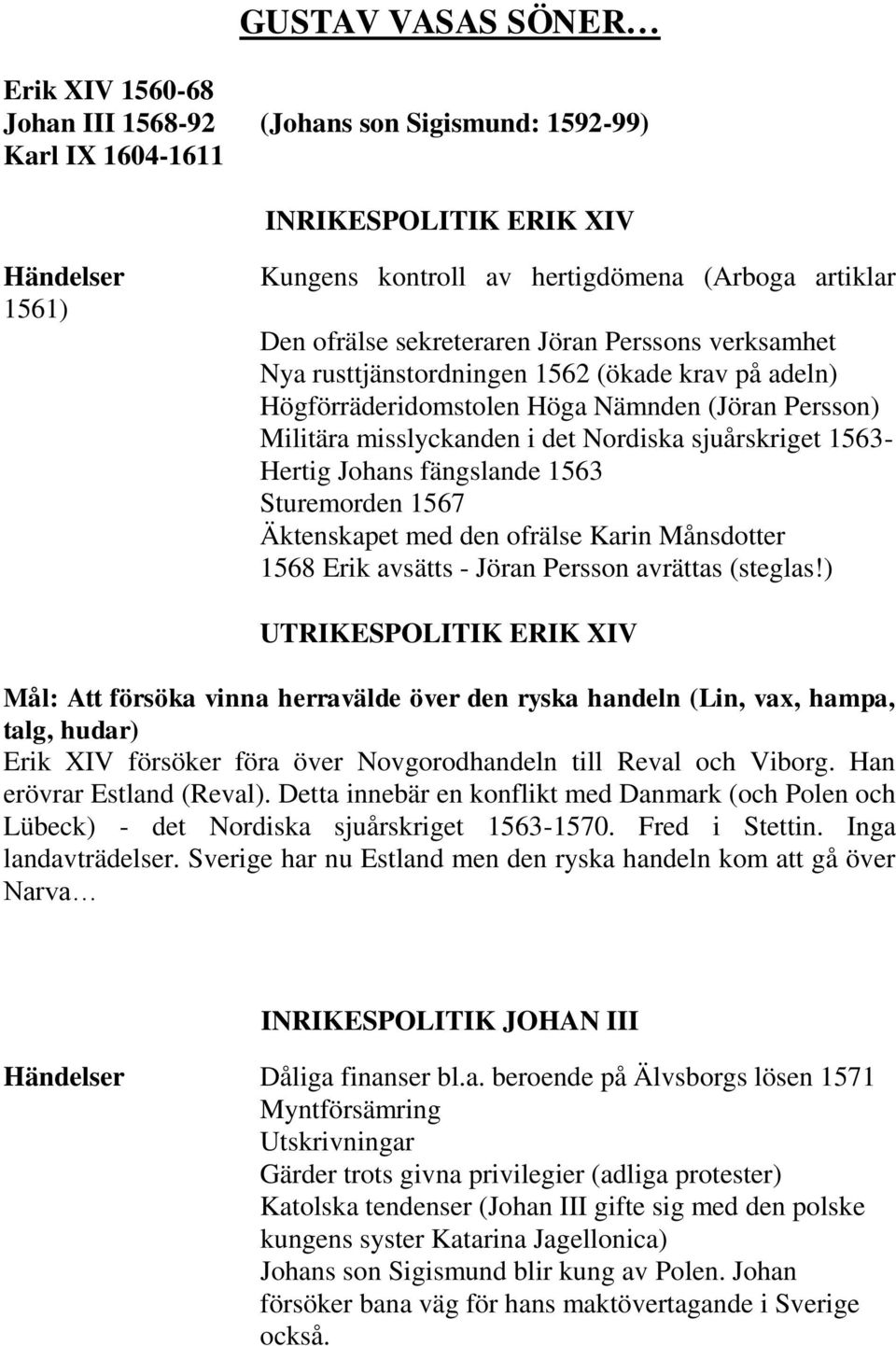 1563- Hertig Johans fängslande 1563 Sturemorden 1567 Äktenskapet med den ofrälse Karin Månsdotter 1568 Erik avsätts - Jöran Persson avrättas (steglas!