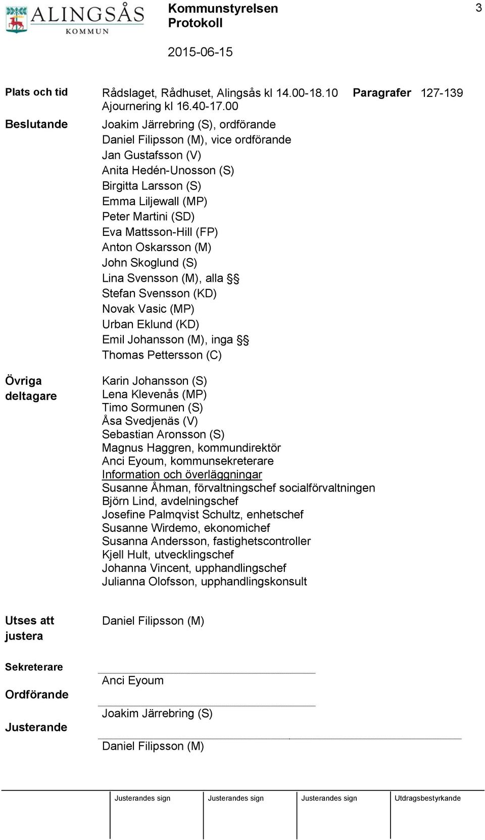 Mattsson-Hill (FP) Anton Oskarsson (M) John Skoglund (S) Lina Svensson (M), alla Stefan Svensson (KD) Novak Vasic (MP) Urban Eklund (KD) Emil Johansson (M), inga Thomas Pettersson (C) Paragrafer