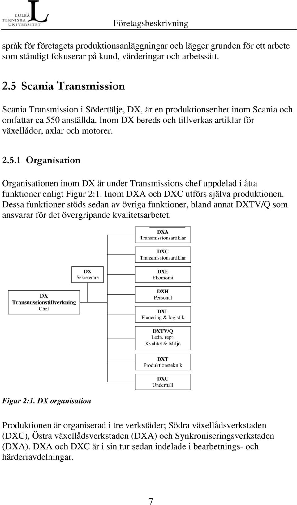 2.5.1 Organisation Organisationen inom DX är under Transmissions chef uppdelad i åtta funktioner enligt Figur 2:1. Inom DXA och DXC utförs själva produktionen.