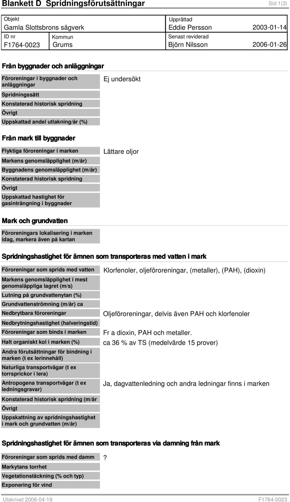 föroreningar i marken Markens genomsläpplighet (m/år) Byggnadens genomsläpplighet (m/år) Konstaterad historisk spridning Uppskattad hastighet för gasinträngning i byggnader Lättare oljor Mark och