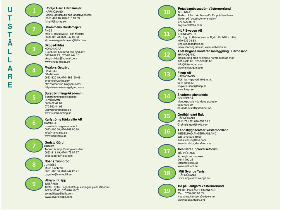 com Skogs-Hildas NORDINGRÅ Tunnbröd, barkbröd och björksav 0613-207 21, 070-63 444 16 skogs-hildas@hotmail.com www.skogs-hildas.se Meåfors Getgård RAMSELE Gårdsmejeri 0623-320 19, 070-266 50 06 oveevot@yahoo.