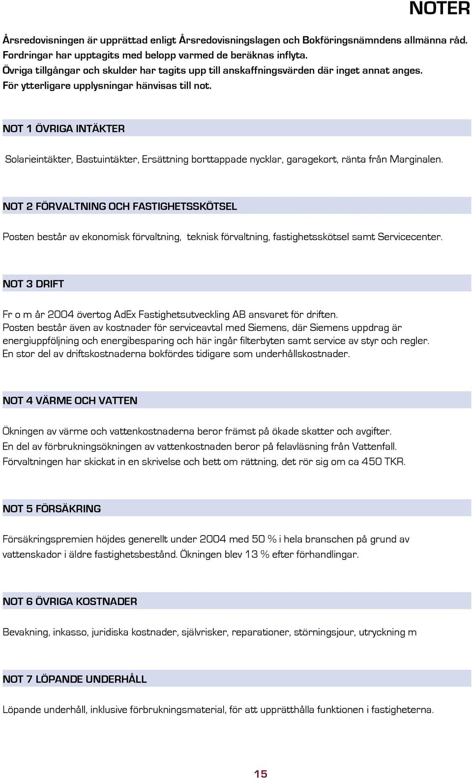 NOT 1 ÖVRIGA INTÄKTER Solarieintäkter, Bastuintäkter, Ersättning borttappade nycklar, garagekort, ränta från Marginalen.