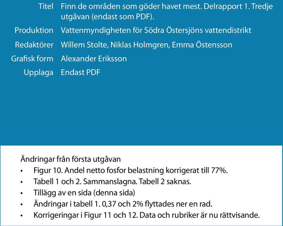 Ändringar från första utgåvan Figur 10. Andel netto fosfor belastning korrigerat till 77%. Tabell 1 och 2. Sammanslagna. Tabell 2 saknas.