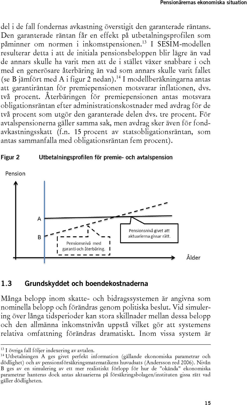 annars skulle varit fallet (se B jämfört med A i figur 2 nedan). 14 I modellberäkningarna antas att garantiräntan för premiepensionen motsvarar inflationen, dvs. två procent.