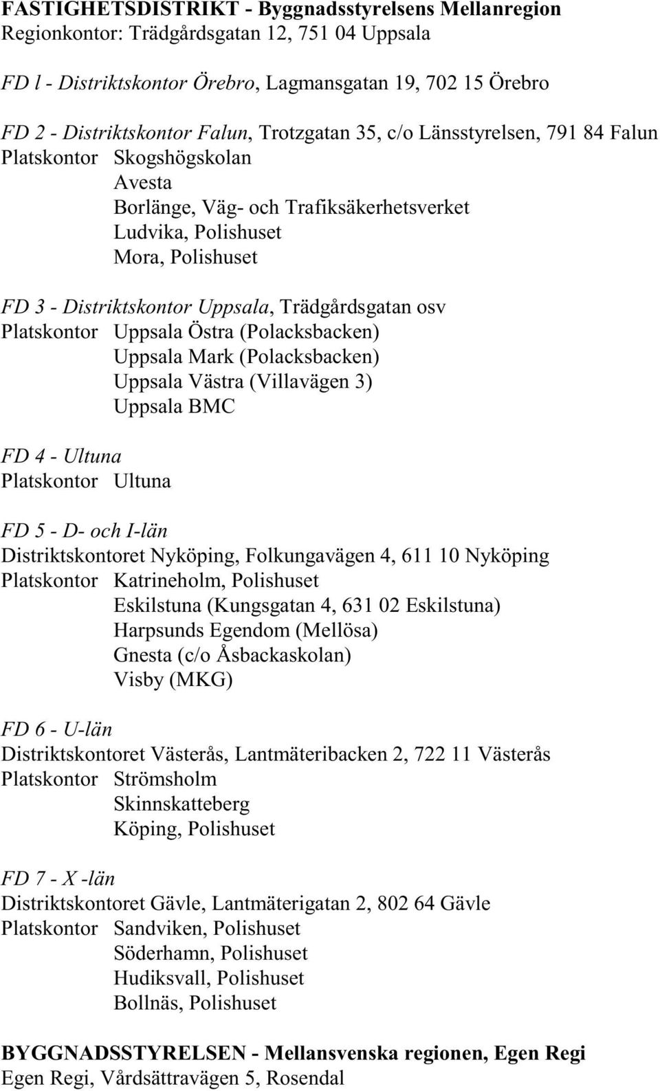 Trädgårdsgatan osv Platskontor Uppsala Östra (Polacksbacken) Uppsala Mark (Polacksbacken) Uppsala Västra (Villavägen 3) Uppsala BMC FD 4 - Ultuna Platskontor Ultuna FD 5 - D- och I-län