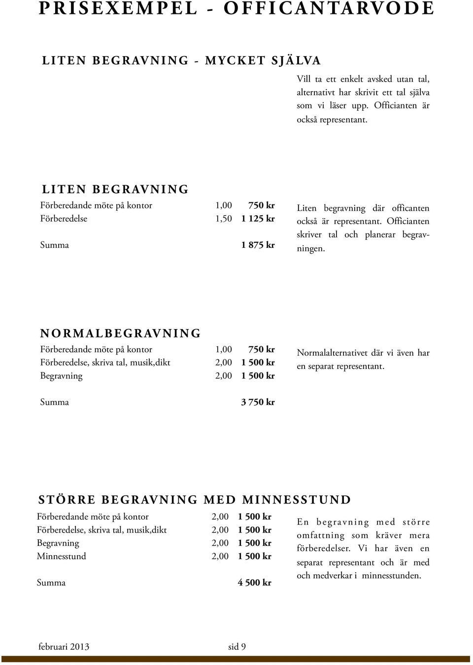 NORMALBEGRAVNING Förberedande möte på kontor 1,00 750 kr Förberedelse, skriva tal, musik,dikt 2,00 1 500 kr Begravning 2,00 1 500 kr Normalalternativet där vi även har en separat representant.