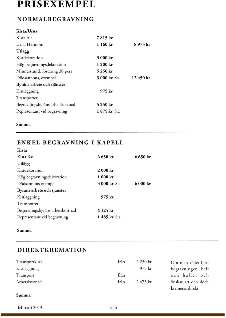 Kista Bas 6 650 kr 6 650 kr Utlägg Kistdekoration 2 000 kr Hög begravningsdekoration 1 000 kr Dödsannons exempel 3 000 kr S:a 6 000 kr Byråns arbete och tjänster Transporter Begravningsbyråns