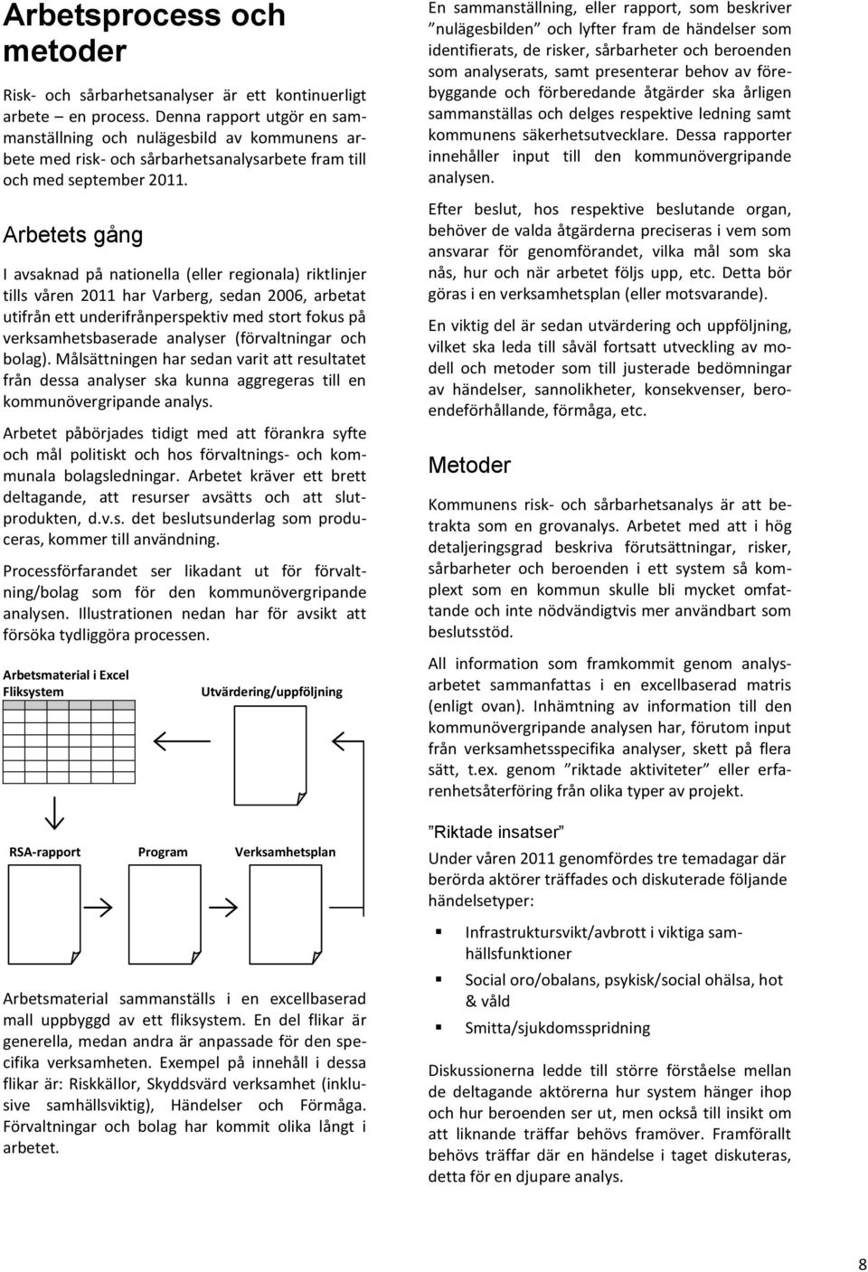 Arbetets gång I avsaknad på nationella (eller regionala) riktlinjer tills våren 2011 har Varberg, sedan 2006, arbetat utifrån ett underifrånperspektiv med stort fokus på verksamhetsbaserade analyser