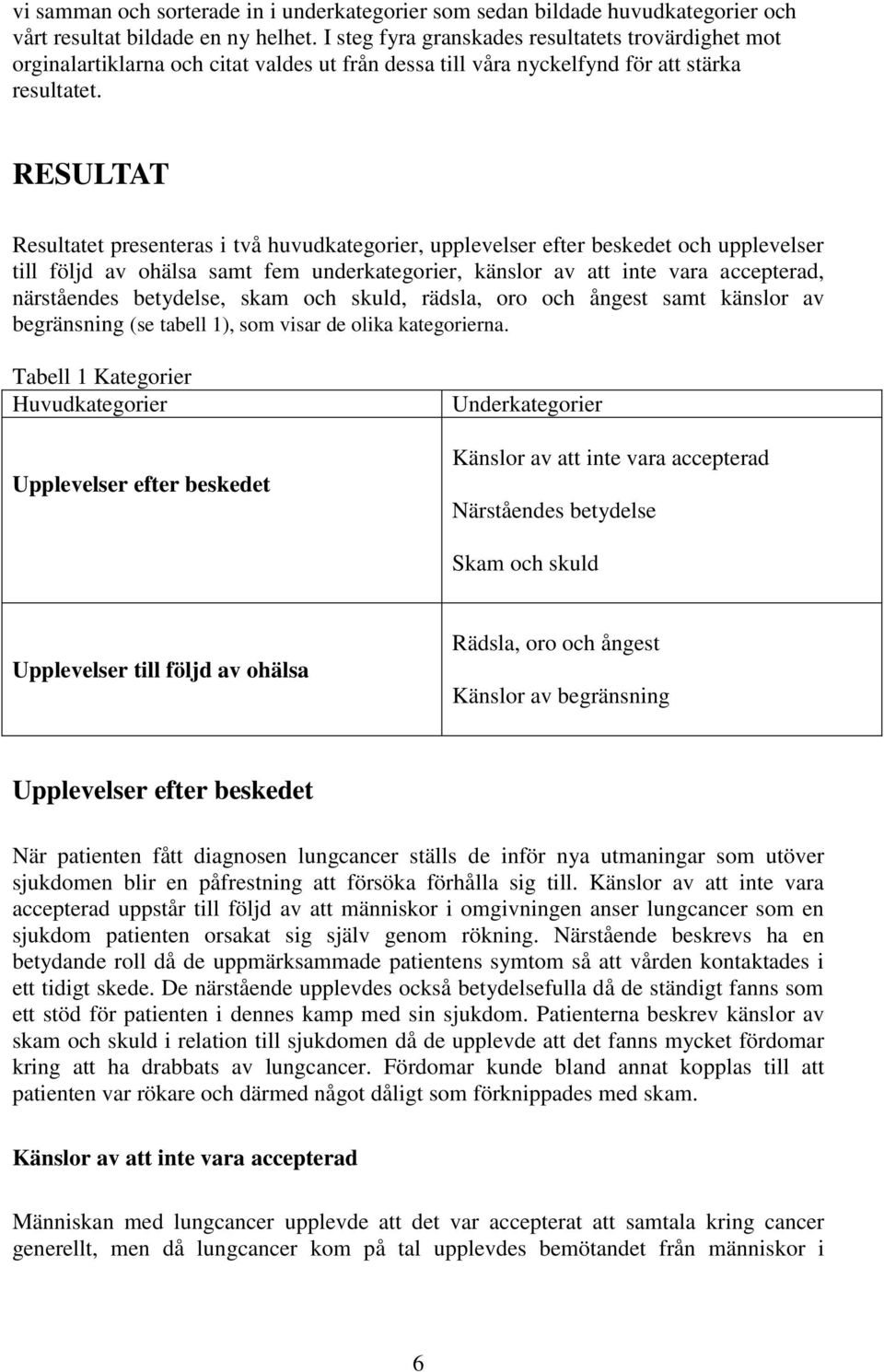 RESULTAT Resultatet presenteras i två huvudkategorier, upplevelser efter beskedet och upplevelser till följd av ohälsa samt fem underkategorier, känslor av att inte vara accepterad, närståendes