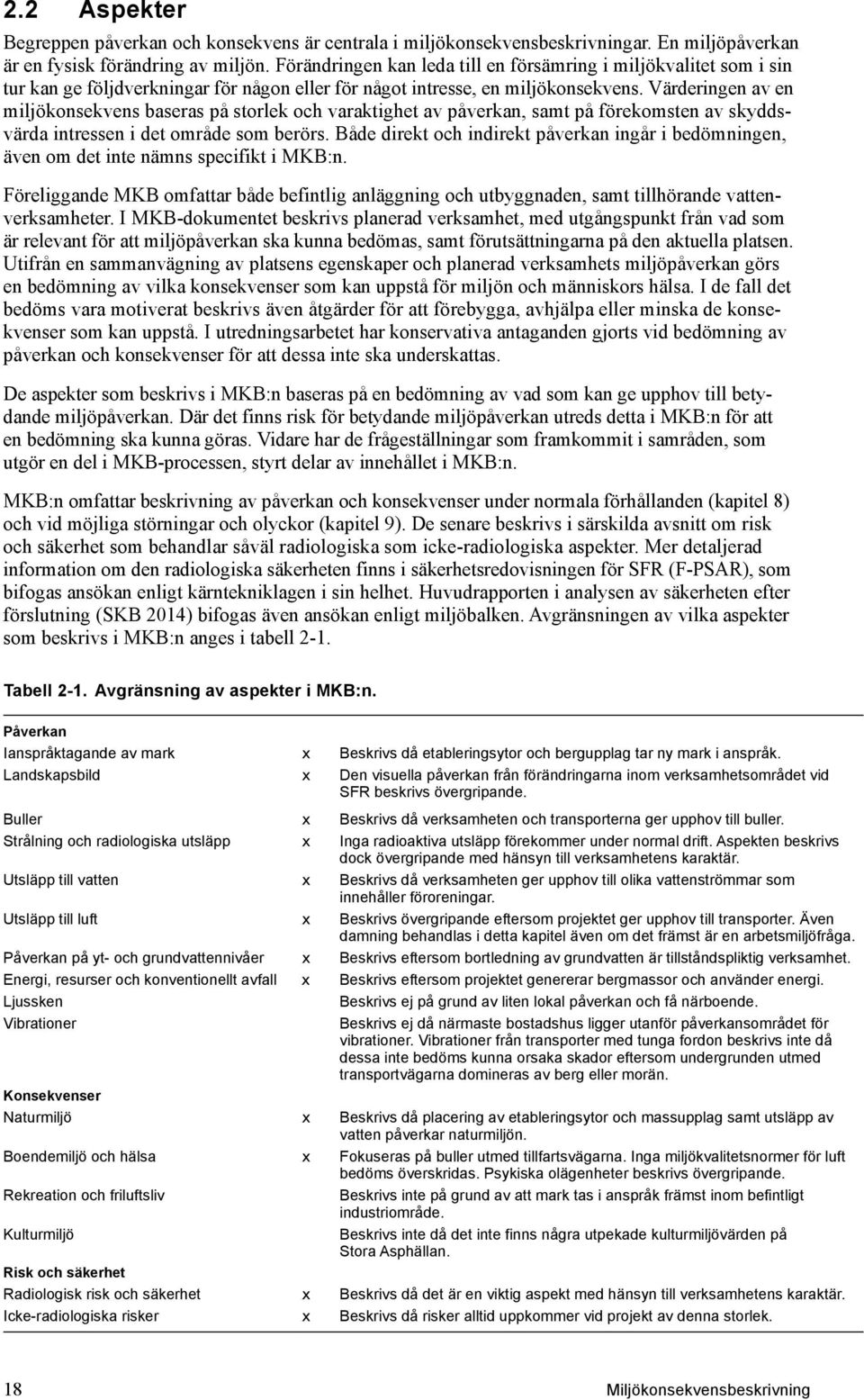 Värderingen av en miljökonsekvens baseras på storlek och varaktighet av påverkan, samt på förekomsten av skyddsvärda intressen i det område som berörs.