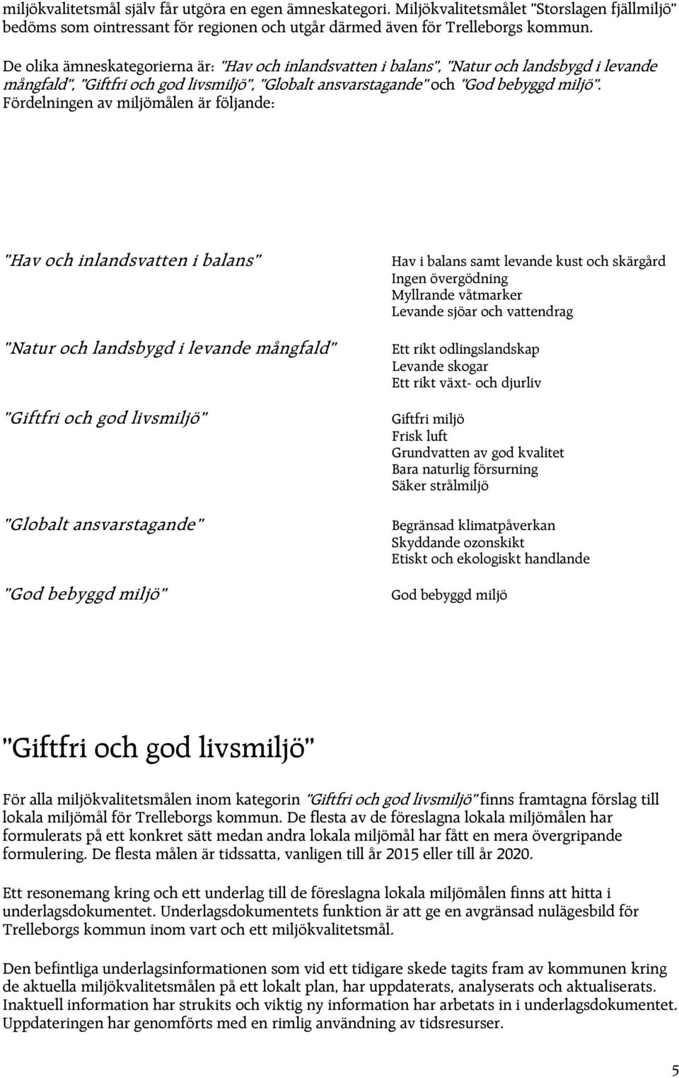 Fördelningen av miljömålen är följande: Hav och inlandsvatten i balans Natur och landsbygd i levande mångfald Giftfri och god livsmiljö Globalt ansvarstagande God bebyggd miljö Hav i balans samt