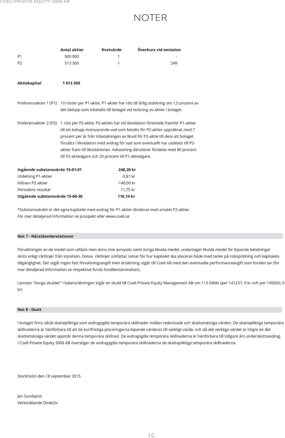 P2-aktien har vid likvidation företräde framför P1-aktier till ett belopp motsvarande vad som betalts för P2-aktier uppräknat med 7 procent per år från inbetalningen av likvid för P2-aktie till dess