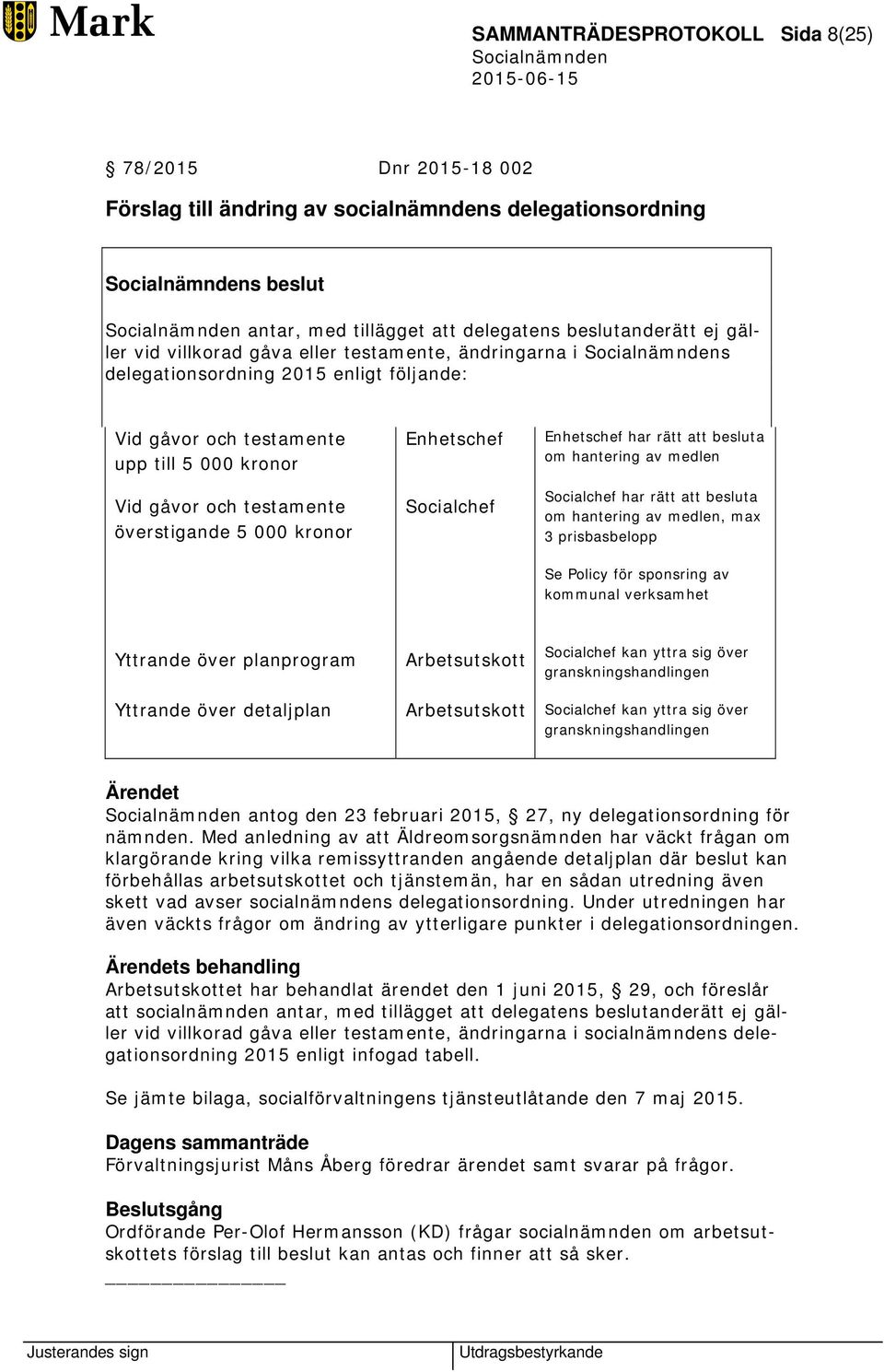 Enhetschef har rätt att besluta om hantering av medlen Socialchef har rätt att besluta om hantering av medlen, max 3 prisbasbelopp Se Policy för sponsring av kommunal verksamhet Yttrande över