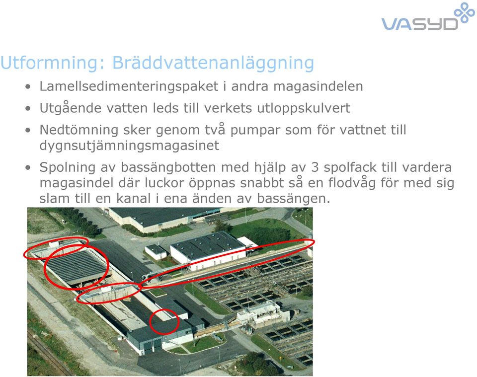 dygnsutjämningsmagasinet Spolning av bassängbotten med hjälp av 3 spolfack till vardera