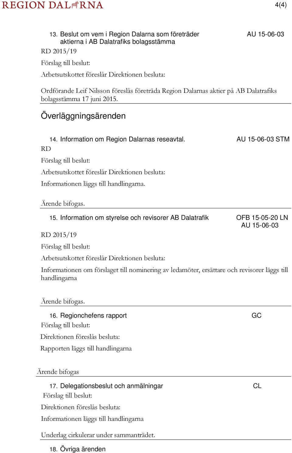 föreslås företräda Region Dalarnas aktier på AB Dalatrafiks bolagsstämma 17 juni 2015. Överläggningsärenden 14. Information om Region Dalarnas reseavtal.