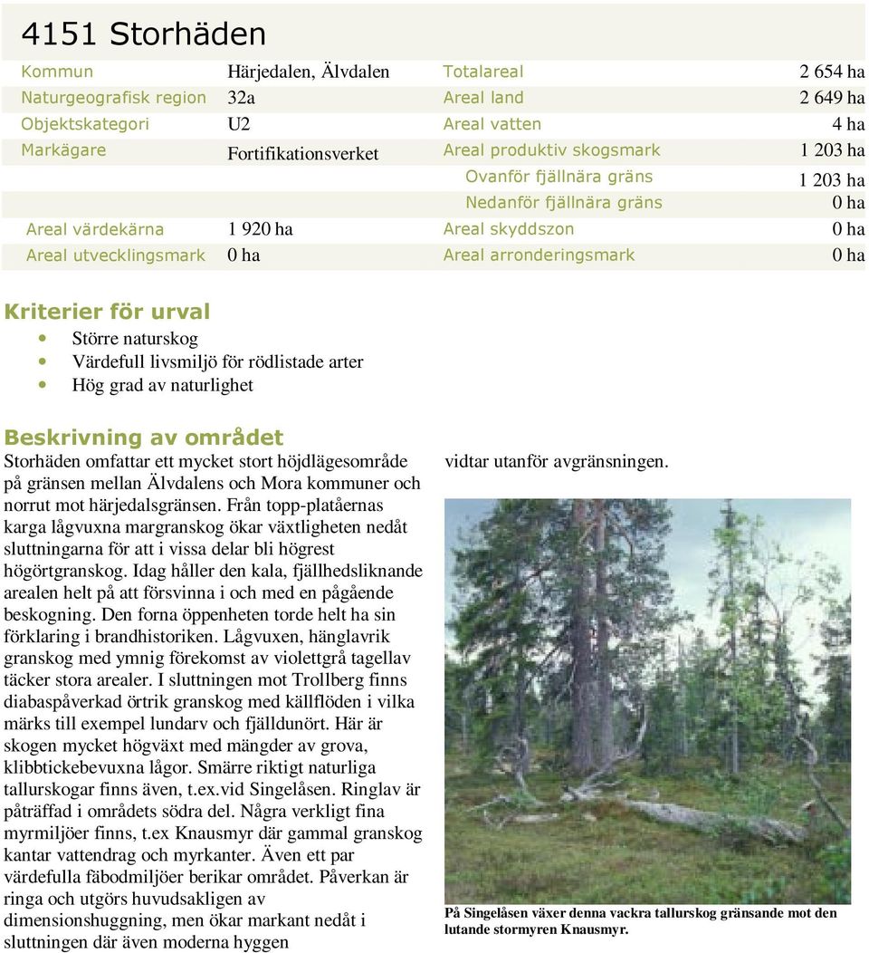 urval Större naturskog Värdefull livsmiljö för rödlistade arter Hög grad av naturlighet Beskrivning av området Storhäden omfattar ett mycket stort höjdlägesområde på gränsen mellan Älvdalens och Mora