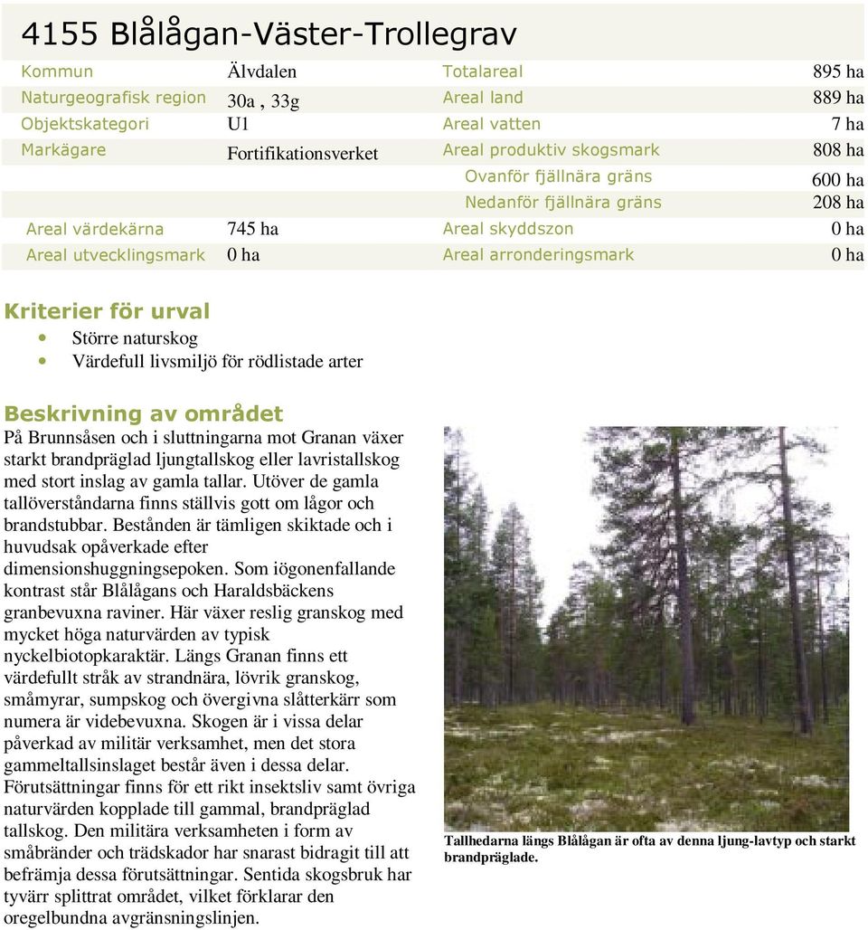 Större naturskog Värdefull livsmiljö för rödlistade arter Beskrivning av området På Brunnsåsen och i sluttningarna mot Granan växer starkt brandpräglad ljungtallskog eller lavristallskog med stort