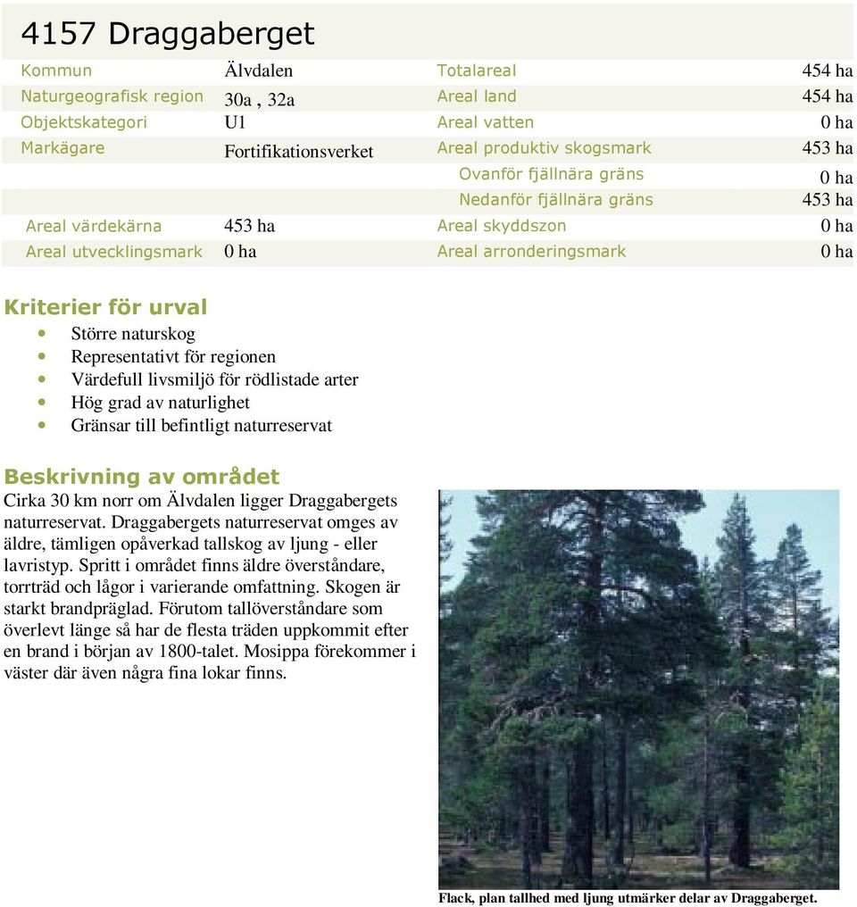 Representativt för regionen Värdefull livsmiljö för rödlistade arter Hög grad av naturlighet Gränsar till befintligt naturreservat Beskrivning av området Cirka 30 km norr om Älvdalen ligger