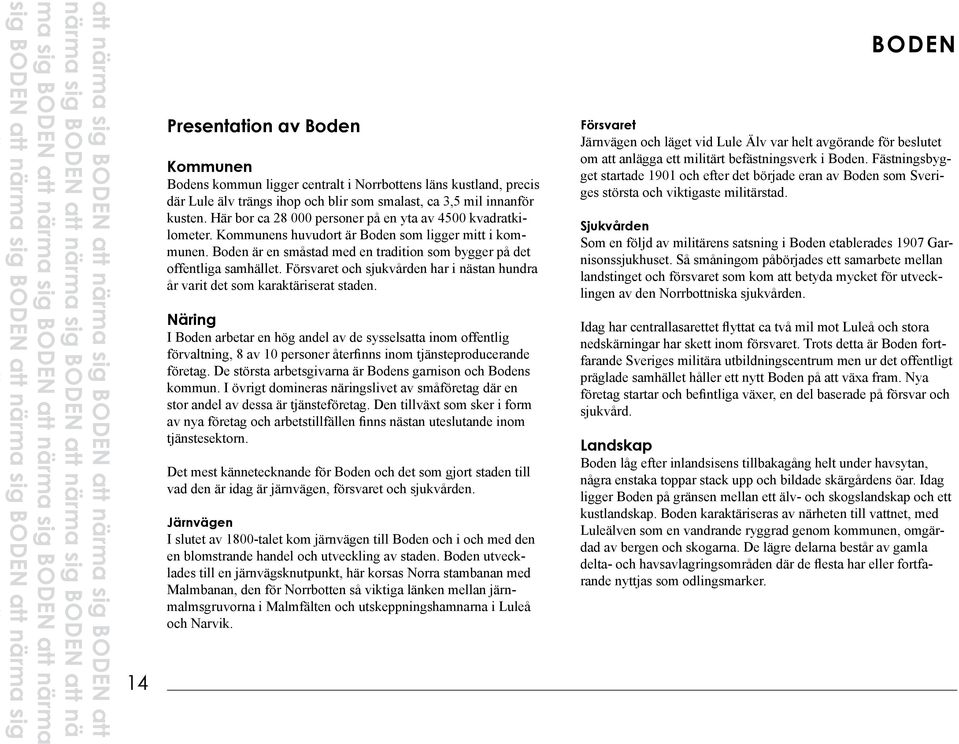 Boden är en småstad med en tradition som bygger på det offentliga samhället. Försvaret och sjukvården har i nästan hundra år varit det som karaktäriserat staden.
