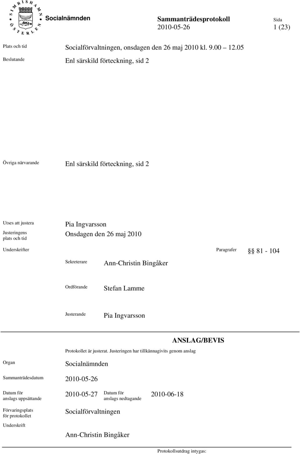 maj 2010 Underskrifter Paragrafer 81-104 Sekreterare Ann-Christin Bingåker Ordförande Stefan Lamme Justerande Pia Ingvarsson Protokollet är justerat.