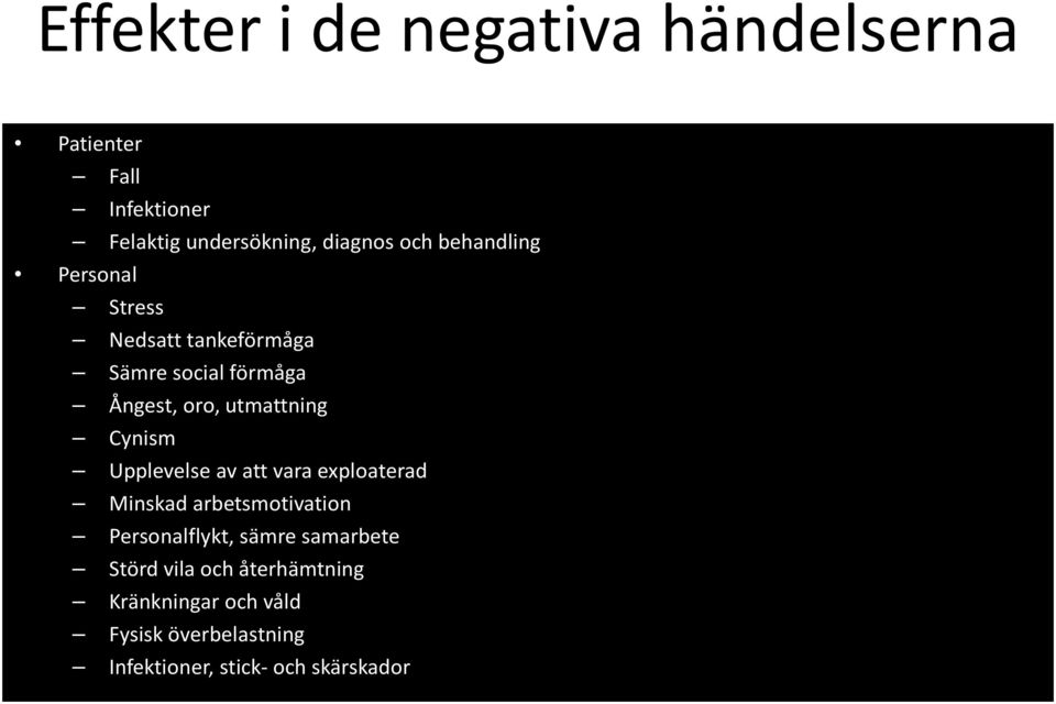 Cynism Upplevelse av att vara exploaterad Minskad arbetsmotivation Personalflykt, sämre samarbete