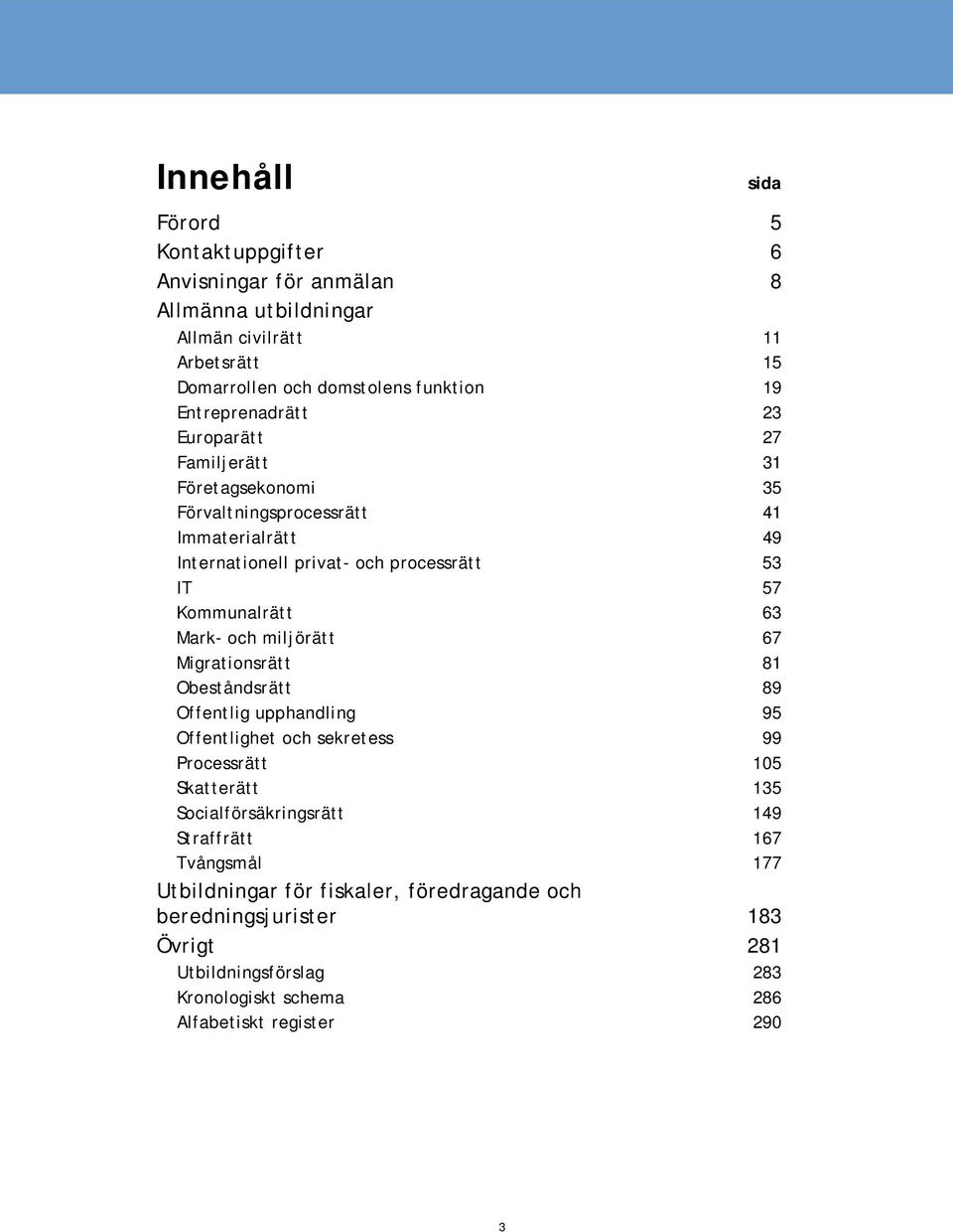 63 Mark- och miljörätt 67 Migrationsrätt 81 Obeståndsrätt 89 Offentlig upphandling 95 Offentlighet och sekretess 99 Processrätt 105 Skatterätt 135 Socialförsäkringsrätt 149