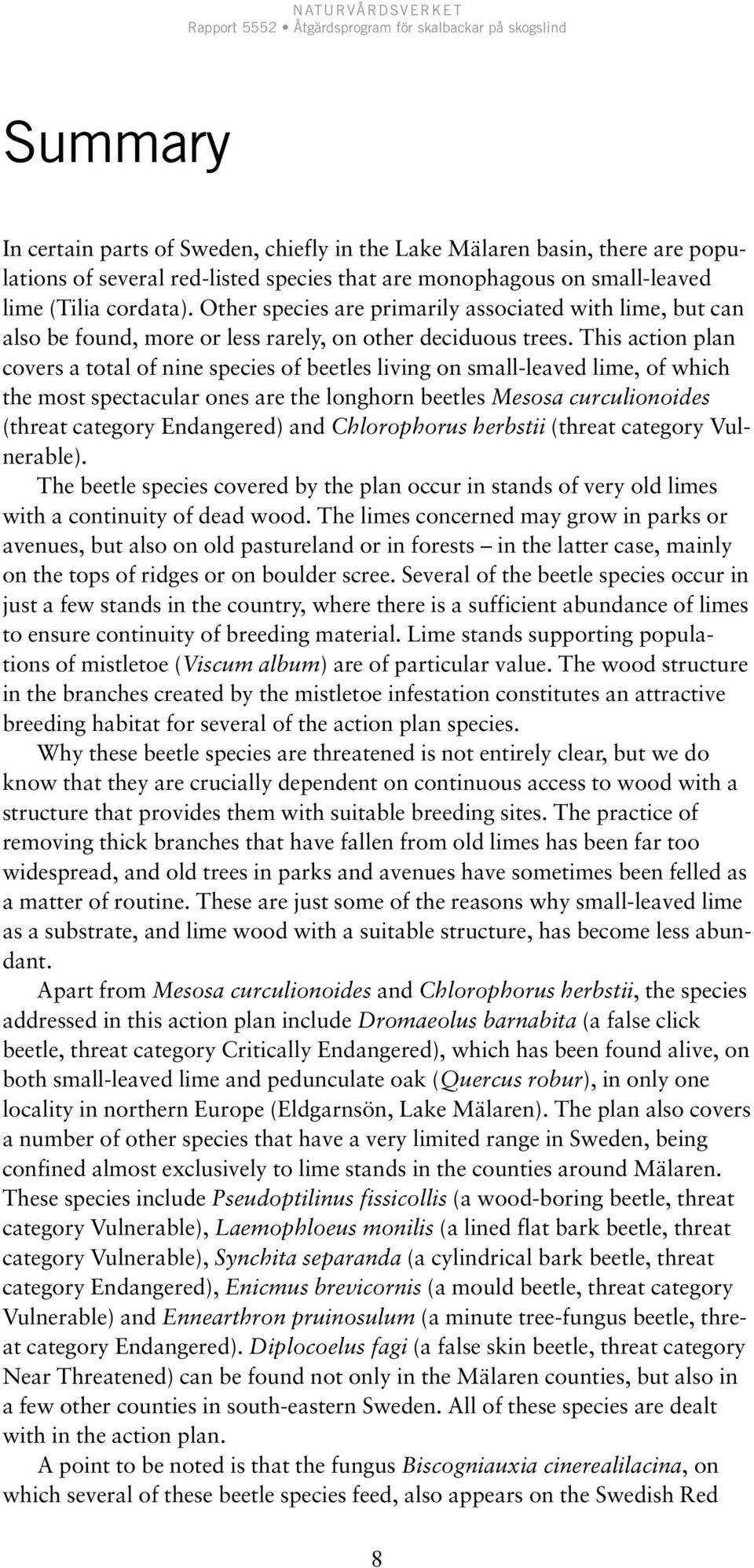 This action plan covers a total of nine species of beetles living on small-leaved lime, of which the most spectacular ones are the longhorn beetles Mesosa curculionoides (threat category Endangered)