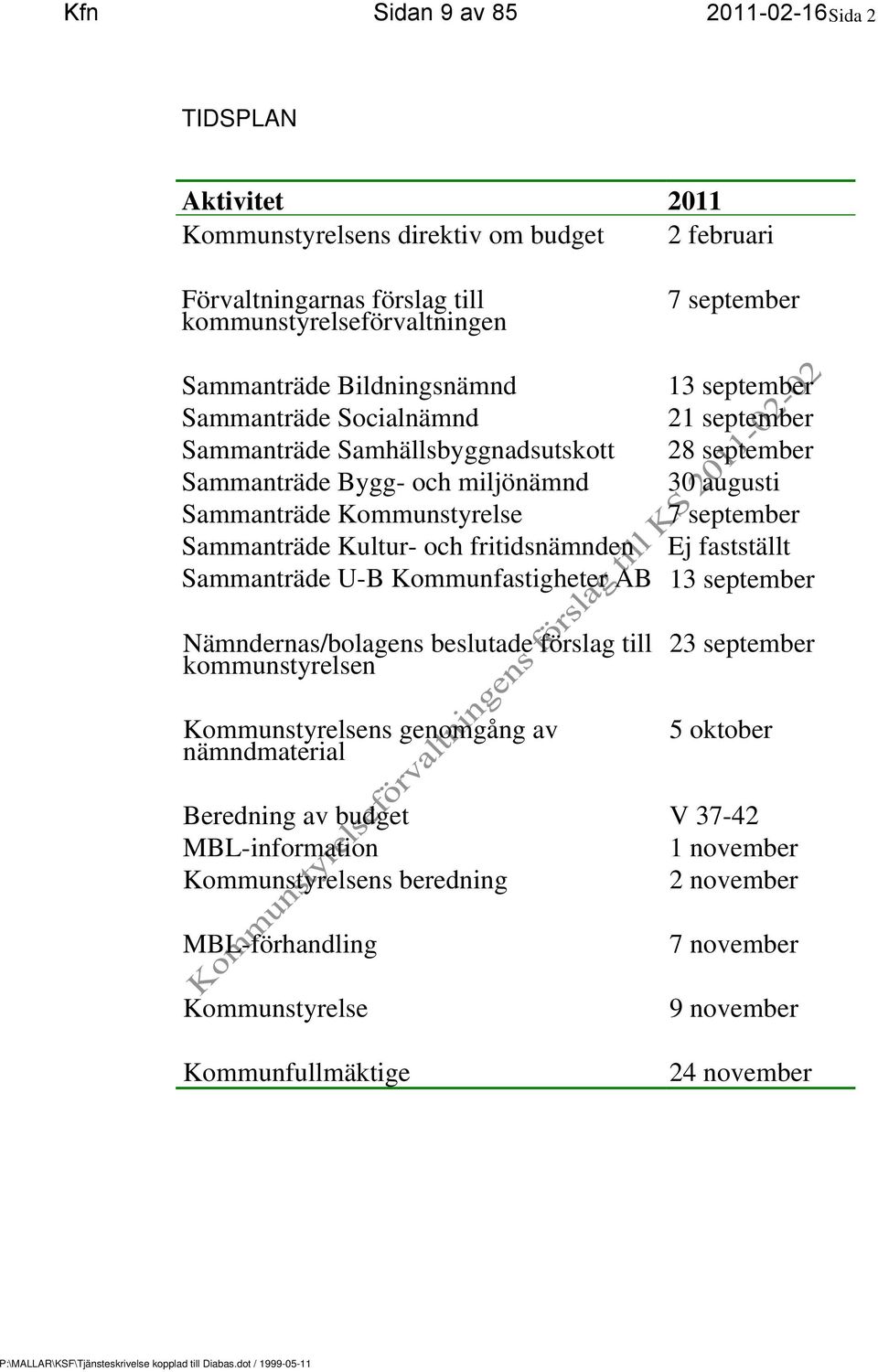 Sammanträde Kultur- och fritidsnämnden Ej fastställt Sammanträde U-B Kommunfastigheter AB 13 september Nämndernas/bolagens beslutade förslag till kommunstyrelsen Kommunstyrelsens genomgång av