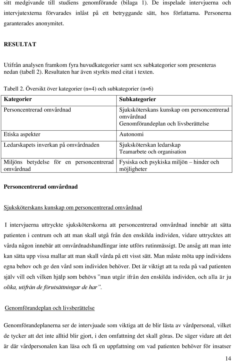 Översikt över kategorier (n=4) och subkategorier (n=6) Kategorier Personcentrerad omvårdnad Etiska aspekter Ledarskapets inverkan på omvårdnaden Miljöns betydelse för en personcentrerad omvårdnad