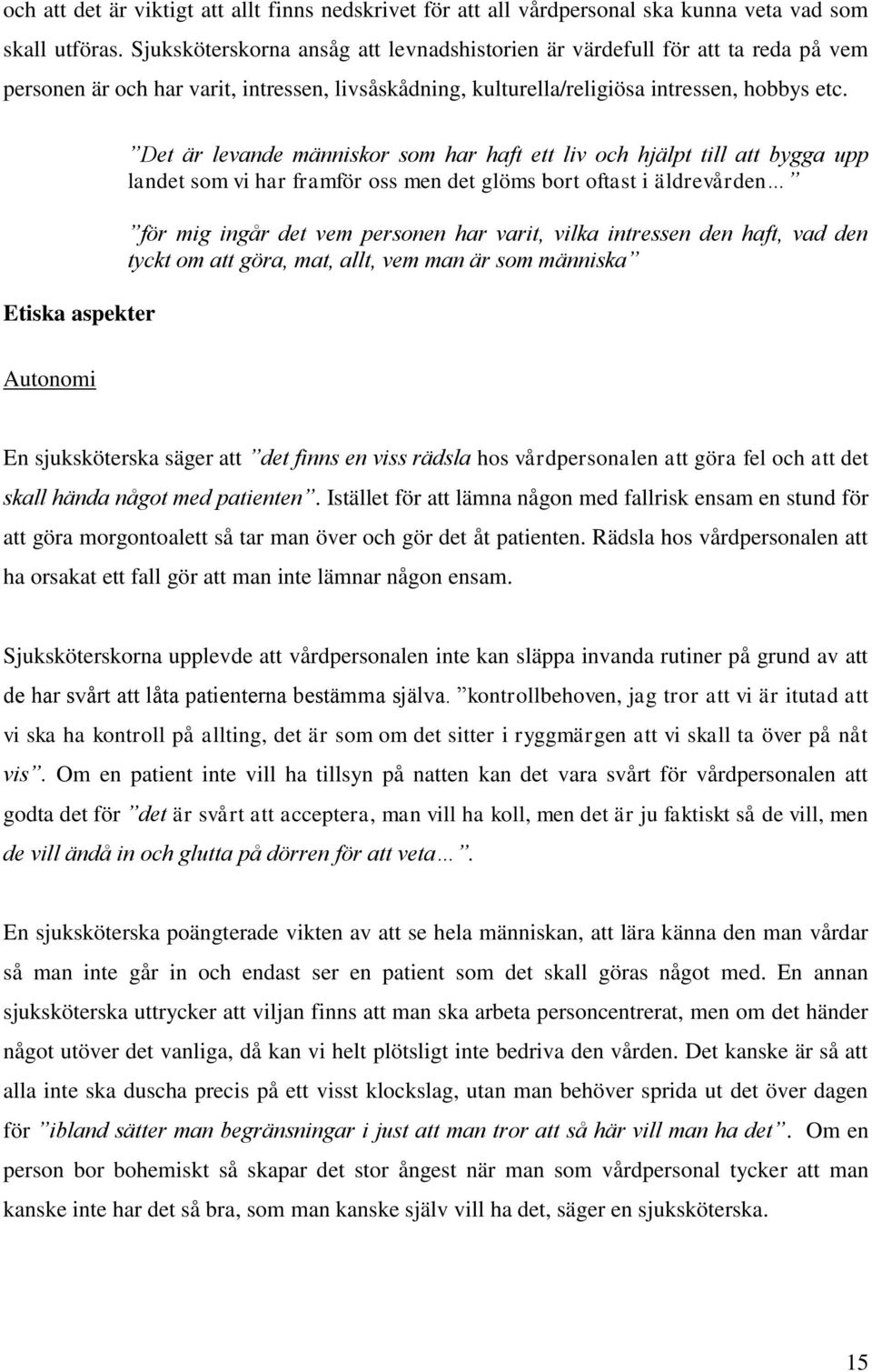 Etiska aspekter Det är levande människor som har haft ett liv och hjälpt till att bygga upp landet som vi har framför oss men det glöms bort oftast i äldrevården för mig ingår det vem personen har