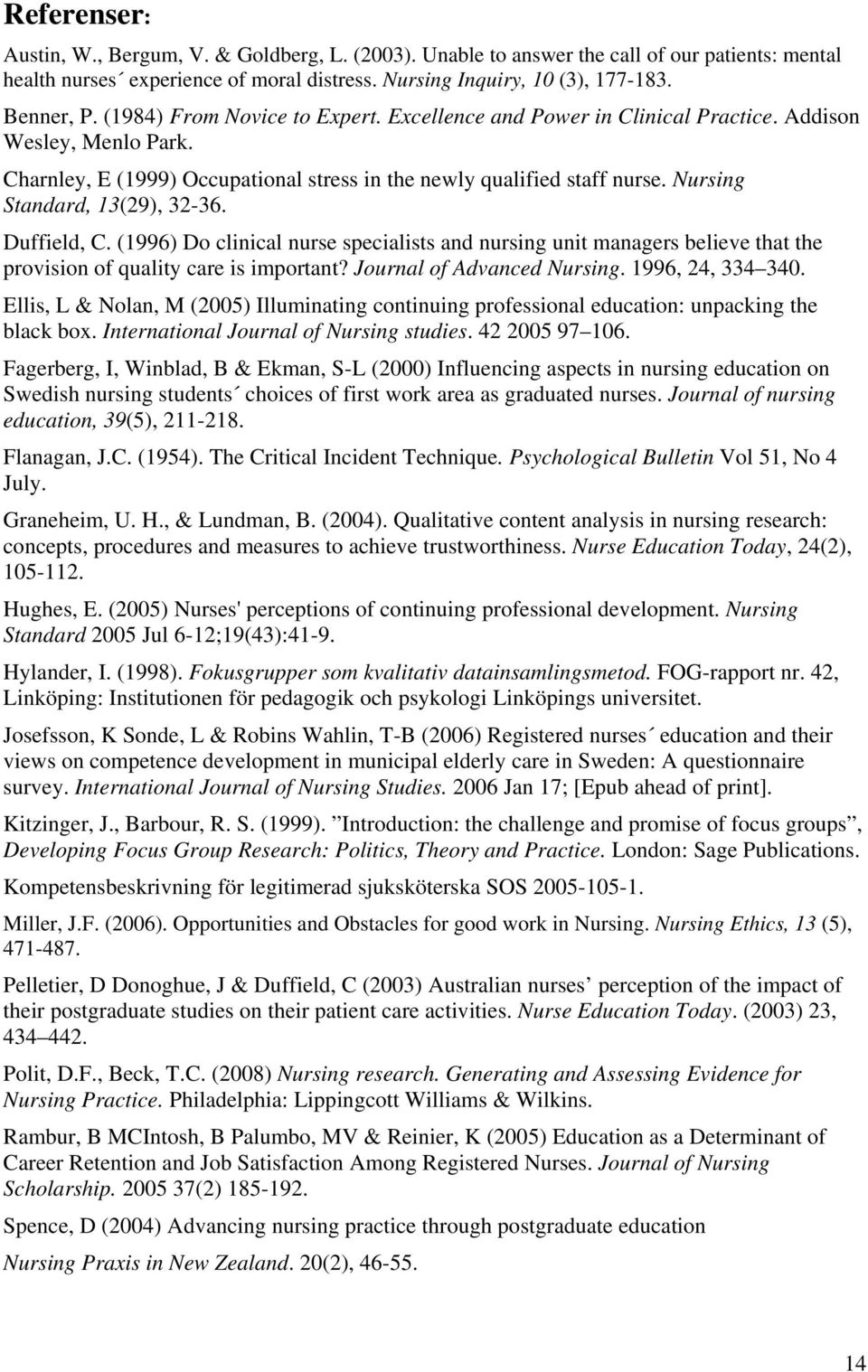 Nursing Standard, 13(29), 32-36. Duffield, C. (1996) Do clinical nurse specialists and nursing unit managers believe that the provision of quality care is important? Journal of Advanced Nursing.