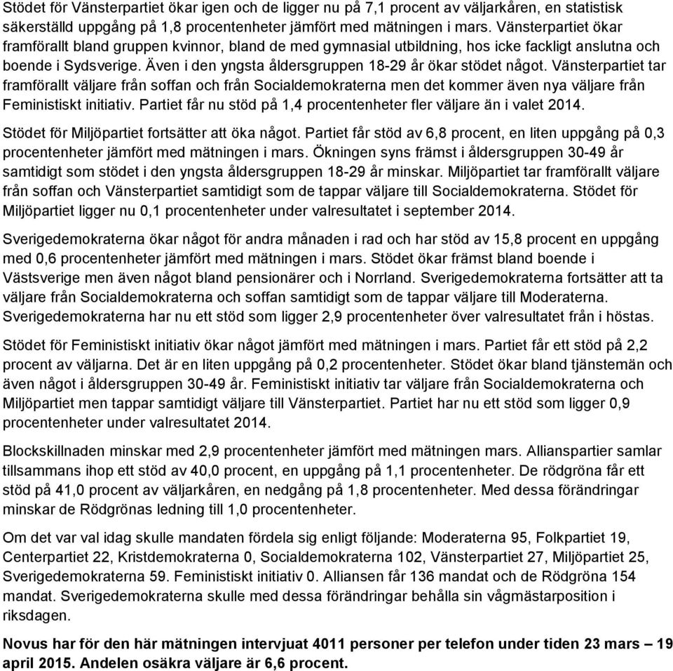 Även i den yngsta åldersgruppen 18-29 år ökar stödet något. Vänsterpartiet tar framförallt väljare från soffan och från Socialdemokraterna men det kommer även nya väljare från Feministiskt initiativ.