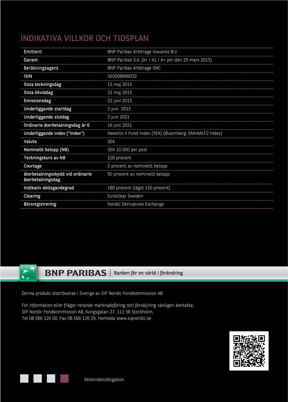 teckningsdag 15 maj 2015 Sista likviddag 22 maj 2015 Emissionsdag 22 juni 2015 Underliggande startdag 2 juni 2015 Underliggande slutdag 2 juni 2021 Ordinarie återbetalningsdag år 6 16 juni 2021