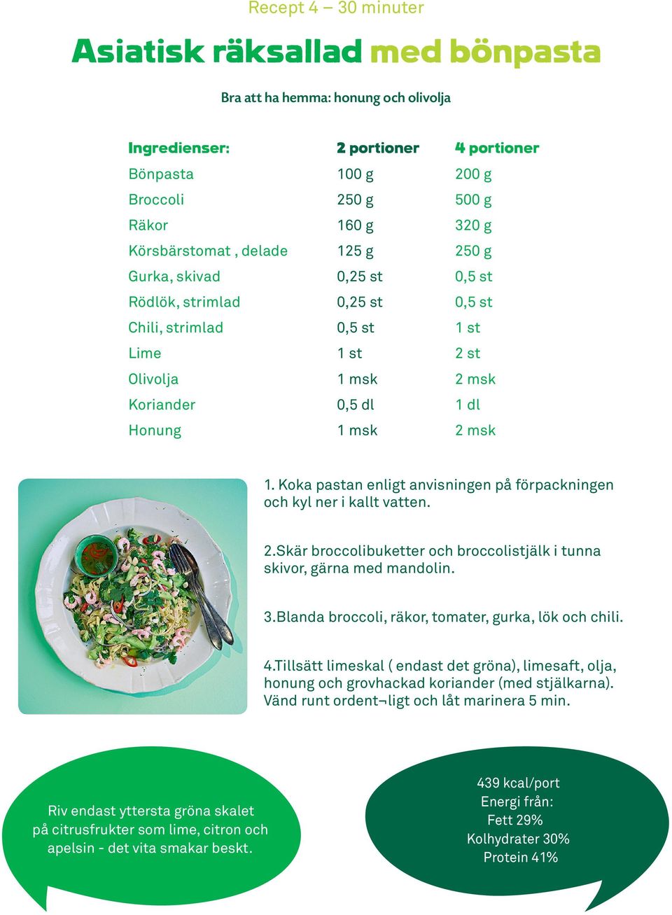 3.Blanda broccoli, räkor, tomater, gurka, lök och chili. 4.Tillsätt limeskal ( endast det gröna), limesaft, olja, honung och grovhackad koriander (med stjälkarna).