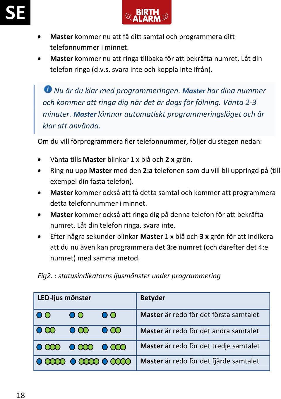 Master lämnar automatiskt programmeringsläget och är klar att använda. Om du vill förprogrammera fler telefonnummer, följer du stegen nedan: Vänta tills Master blinkar 1 x blå och 2 x grön.