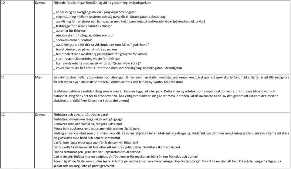 fiskekort _ utedansyta intill gångväg väster om bron _ speakers corner- centralt _ avställningsbord för dricka vid sittplatser runt Miles " guds hand " _ toalettkiosker, en på var sin sida av parken