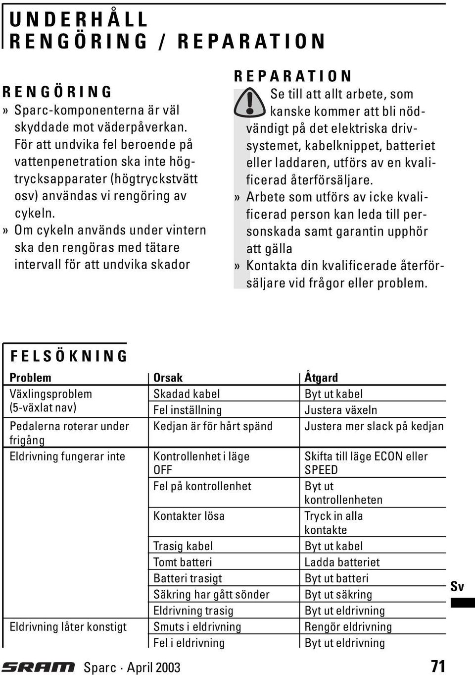 » Om cykeln används under vintern ska den rengöras med tätare intervall för att undvika skador REPARATION Se till att allt arbete, som kanske kommer att bli nödvändigt på det elektriska drivsystemet,