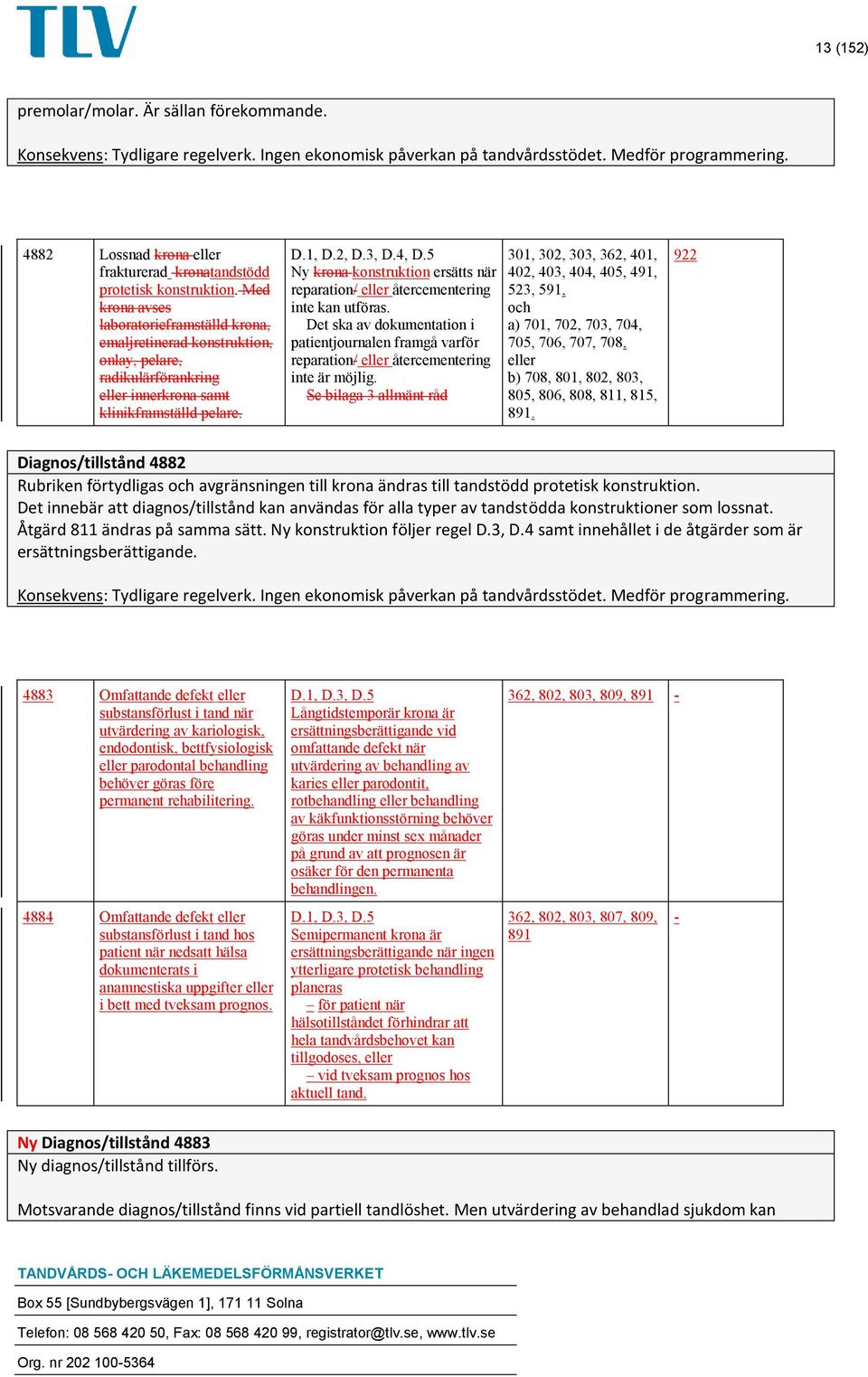 Med krona avses laboratorieframställd krona, emaljretinerad konstruktion, onlay, pelare, radikulärförankring eller innerkrona samt klinikframställd pelare. D.1, D.2, D.3, D.4, D.