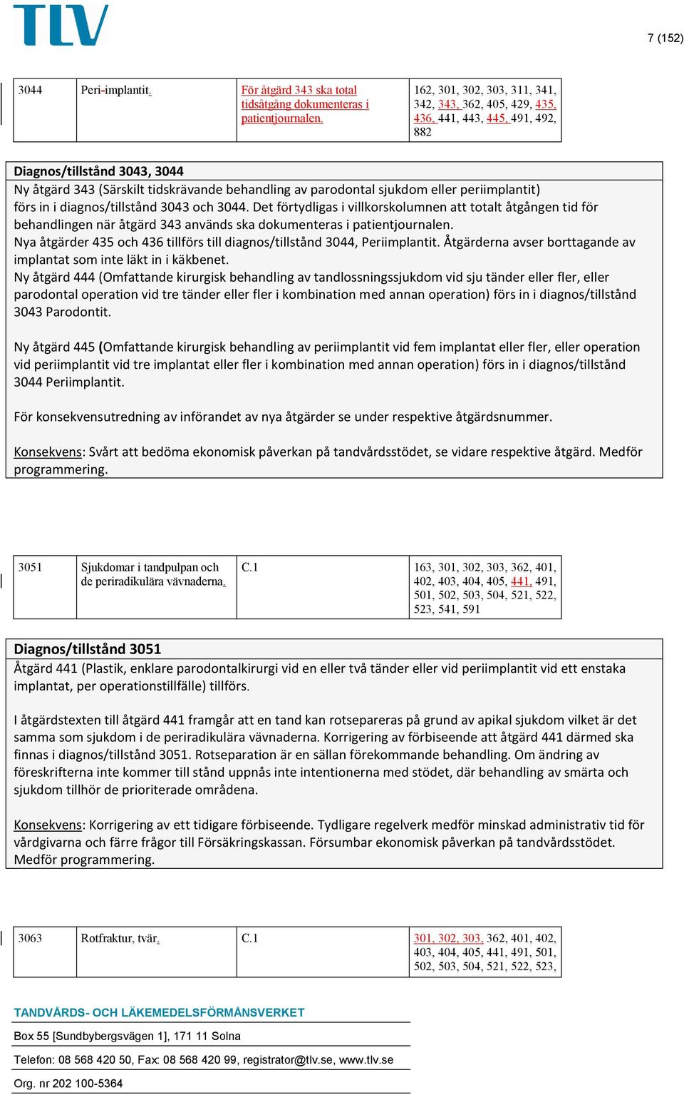 periimplantit) förs in i diagnos/tillstånd 3043 och 3044. Det förtydligas i villkorskolumnen att totalt åtgången tid för behandlingen när åtgärd 343 används ska dokumenteras i patientjournalen.