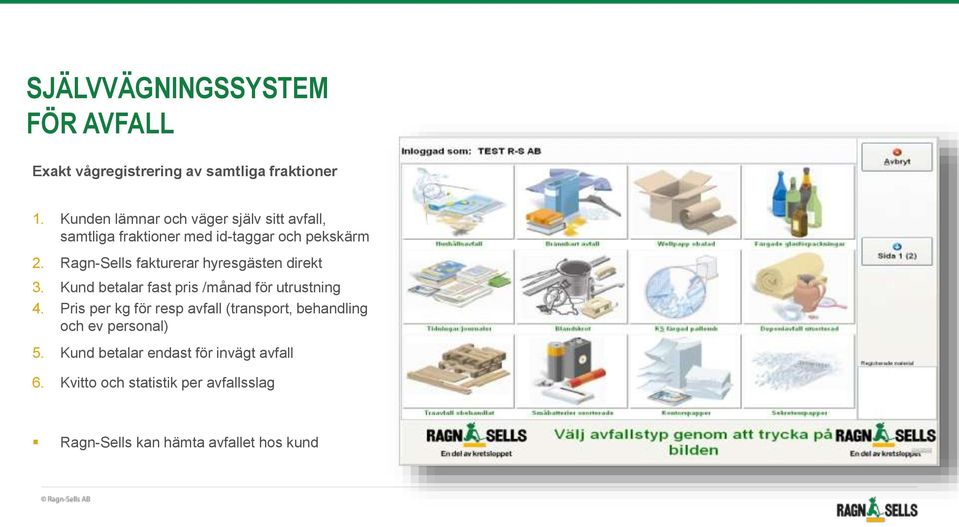 Ragn-Sells fakturerar hyresgästen direkt 3. Kund betalar fast pris /månad för utrustning 4.