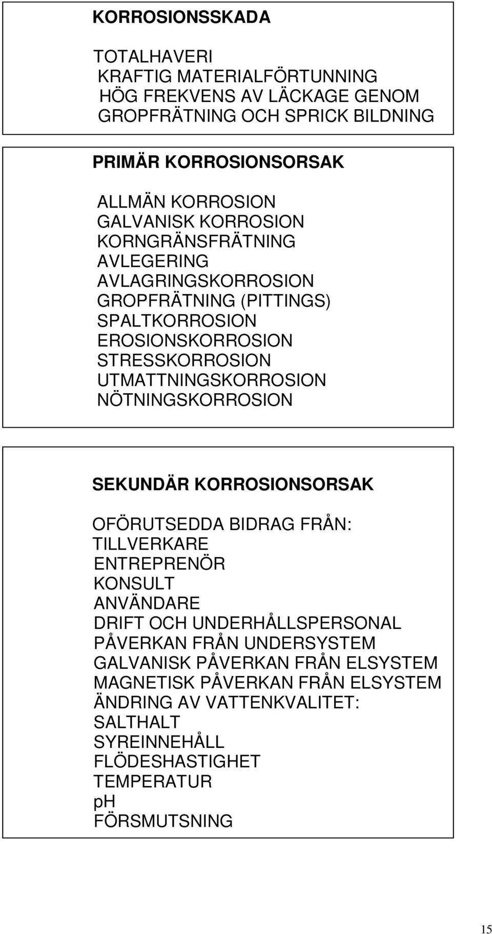 UTMATTNINGSKORROSION NÖTNINGSKORROSION SEKUNDÄR KORROSIONSORSAK OFÖRUTSEDDA BIDRAG FRÅN: TILLVERKARE ENTREPRENÖR KONSULT ANVÄNDARE DRIFT OCH UNDERHÅLLSPERSONAL