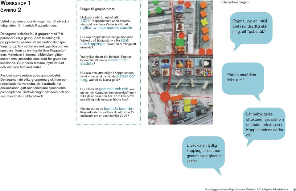 Materialet i lådorna; bildbrickor, glitter, snören mm, användes som stöd för gruppdiskussionen. Grupperna testade, flyttade runt och klistrade fast mot slutet. Avslutningsvis redovisades grupparbetet.