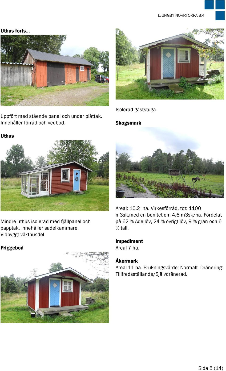 Friggebod Areal: 10,2 ha. Virkesförråd, tot: 1100 m3sk,med en bonitet om 4,6 m3sk/ha.